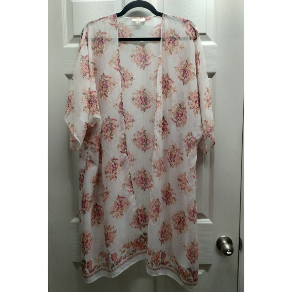 LOFT Outlet Women's Size M/L White Pink Floral Metallic Stripe Cover-Up Kimono